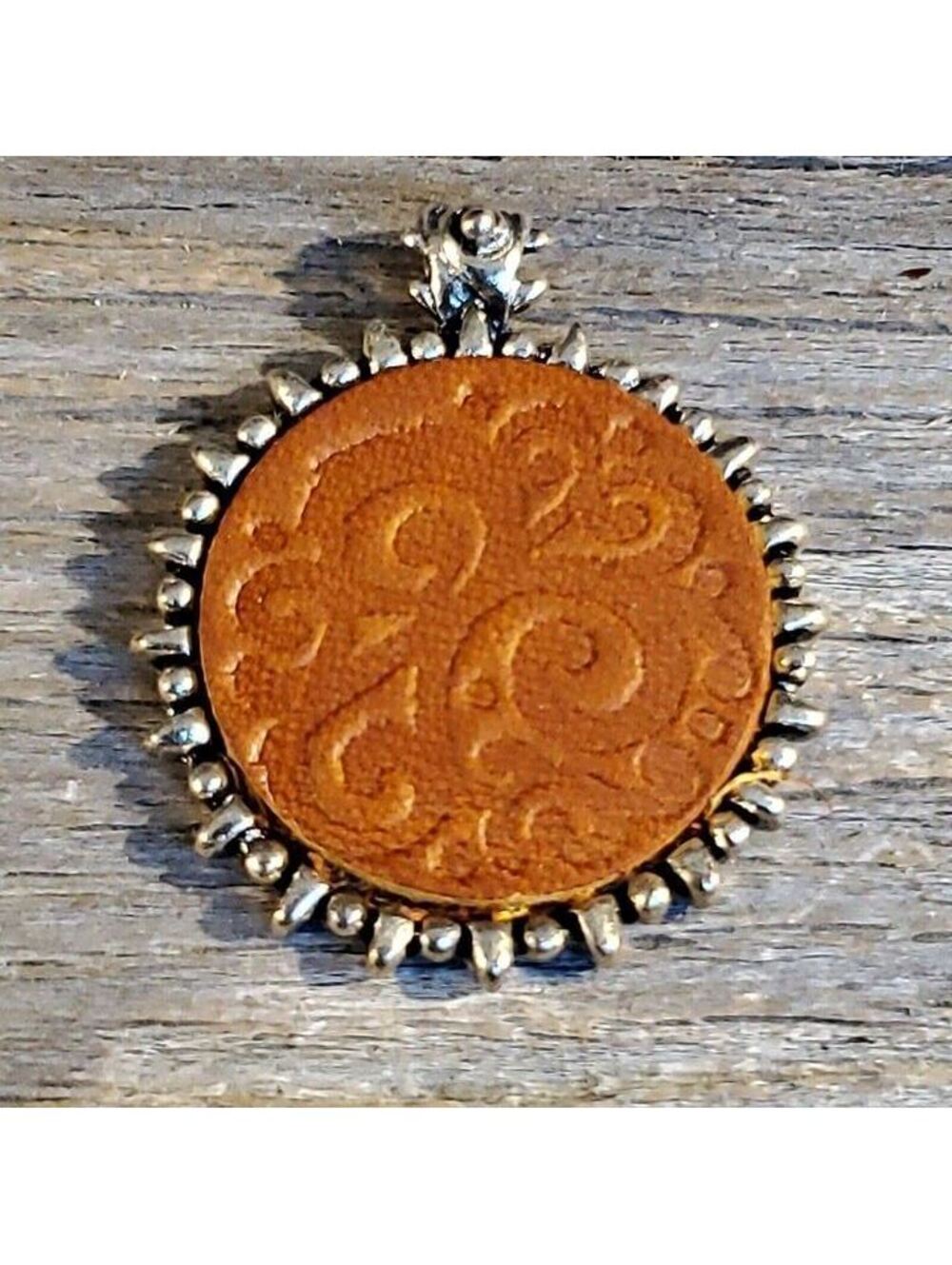Vintage Brown Leather Embossed Swirls Bali Style Bail Silver Pewter Pendant